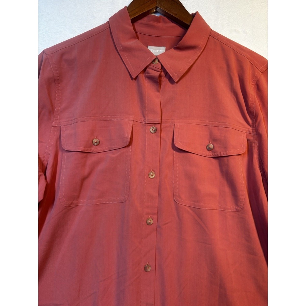 NWT Chico's Utility Shirt Women's XL Soft Pocket Coral Chicos Size 3 Long Sleeve